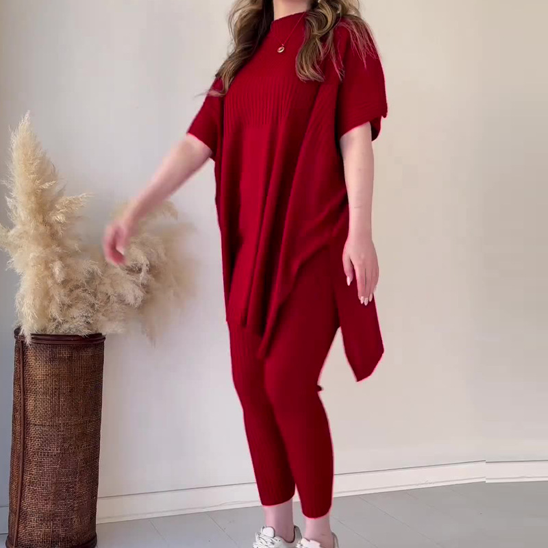 Women's Clothing new autumn round neck bat shirt large size loose sweater casual two piece set_autovado.com