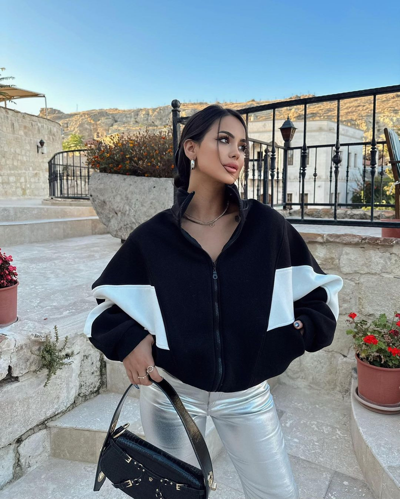 Women's Clothing Autumn and Winter Hot Style Loose Casual Versatile Top Long Sleeve Color Block Stand Collar Jacket for Women_autovado.com