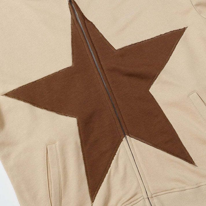 Street oversized loose fitting women's pentagonal star patch embroidered printed hoodie personality zipper sweater men's_autovado.com