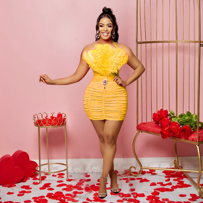 Women's solid color feather tube top sleeveless short skirt dress_autovado.com