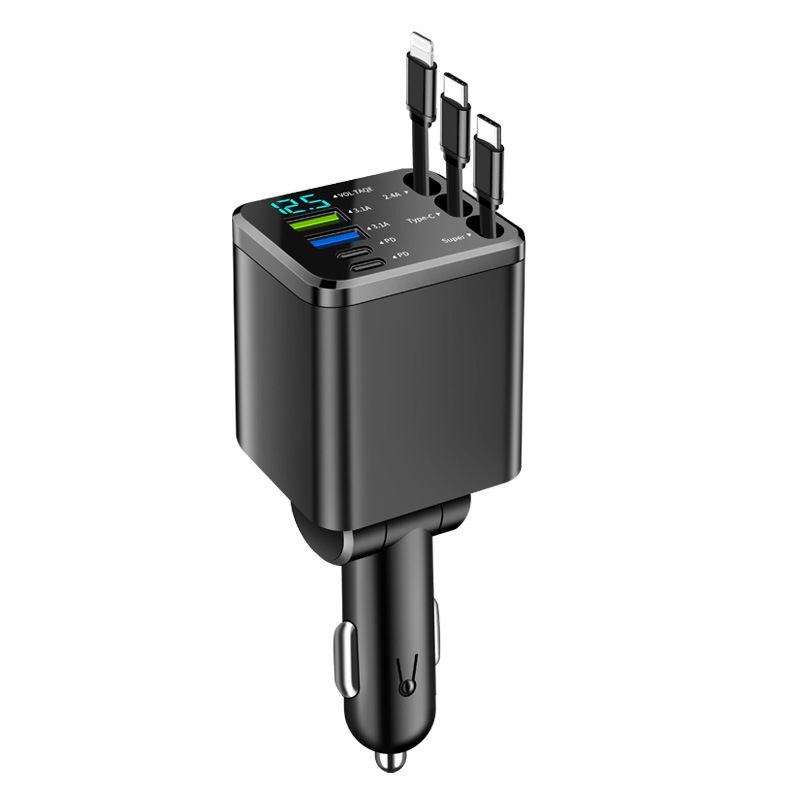 Digital Display Retractable Cable Charger PD Car Super Fast Charging Five-in-One Cigarette Lighter Cross-Border_autovado.com