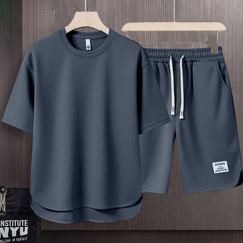 Men's Clothing Summer fashion brand new short sleeved T suit men's loose large size shorts set advanced handsome waffle two piece suit_autovado.com