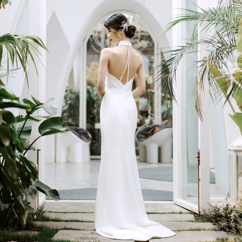women's wedding dress simple temperament, satin halter neck dress, super fairy travel photo, door veil, celebrity banquet evening dress_autovado.com