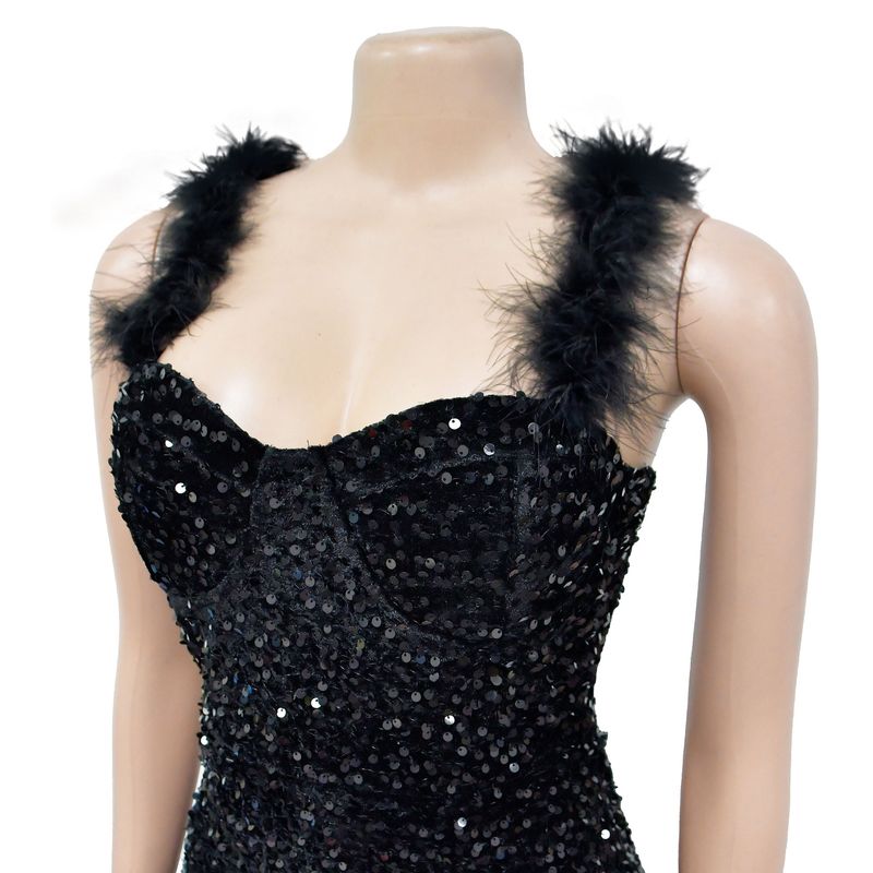 Women's solid color feather sequin sleeveless short skirt dress_autovado.com