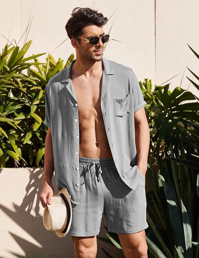 Men's Clothing Linen Short Sleeve Shirt Set Linen Summer Loose Casual Cotton Linen Cardigan Shirt Shorts_autovado.com