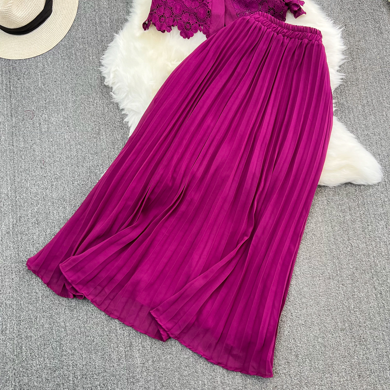 Women's fashion single breasted lace shirt two-piece set high waist a line pleated skirt_autovado.com