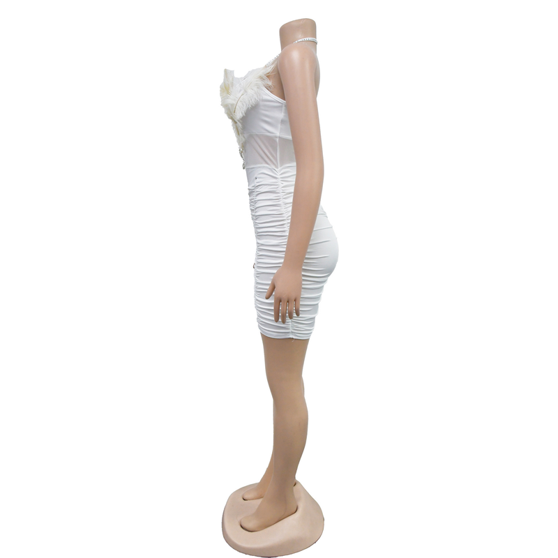 Women's solid color feather tube top sleeveless short skirt dress_autovado.com