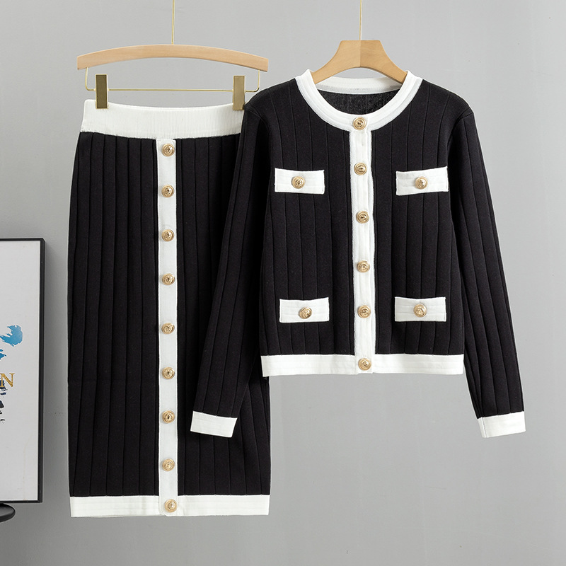 Women's haute couture French socialite knit suit slim coat skirt two-piece set_autovado.com