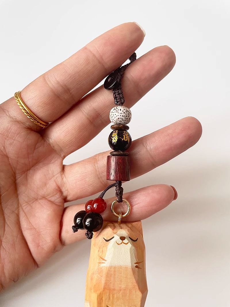 Hand Carved Wood Carved Orange Cat Shiba Inu Mi Ping An Six Character Mantra Woven Keychain Chain Ring Car Schoolbag Pendant Ornament_autovado.com
