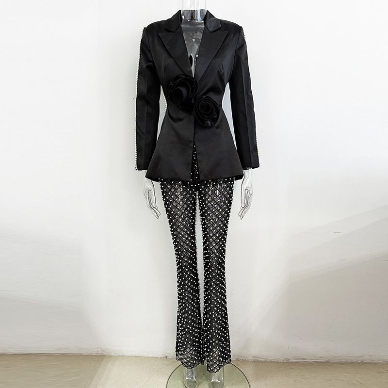 Women's Clothing New Style Hollow Beaded Three Dimensional Flower Suit Pearl Sequin Mesh Trousers Set_autovado.com