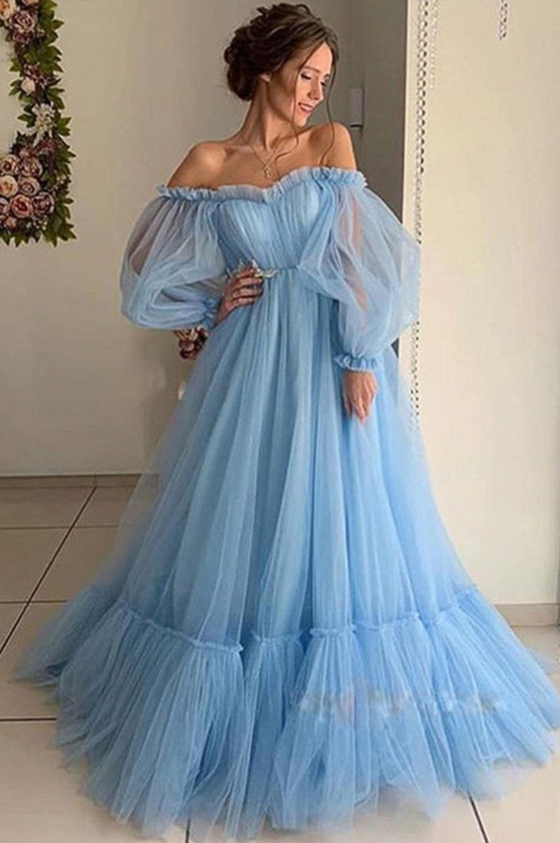 Women's 2023 off-the-shoulder mesh long sleeve wedding dress large hem dress Bridal Wear_autovado.com