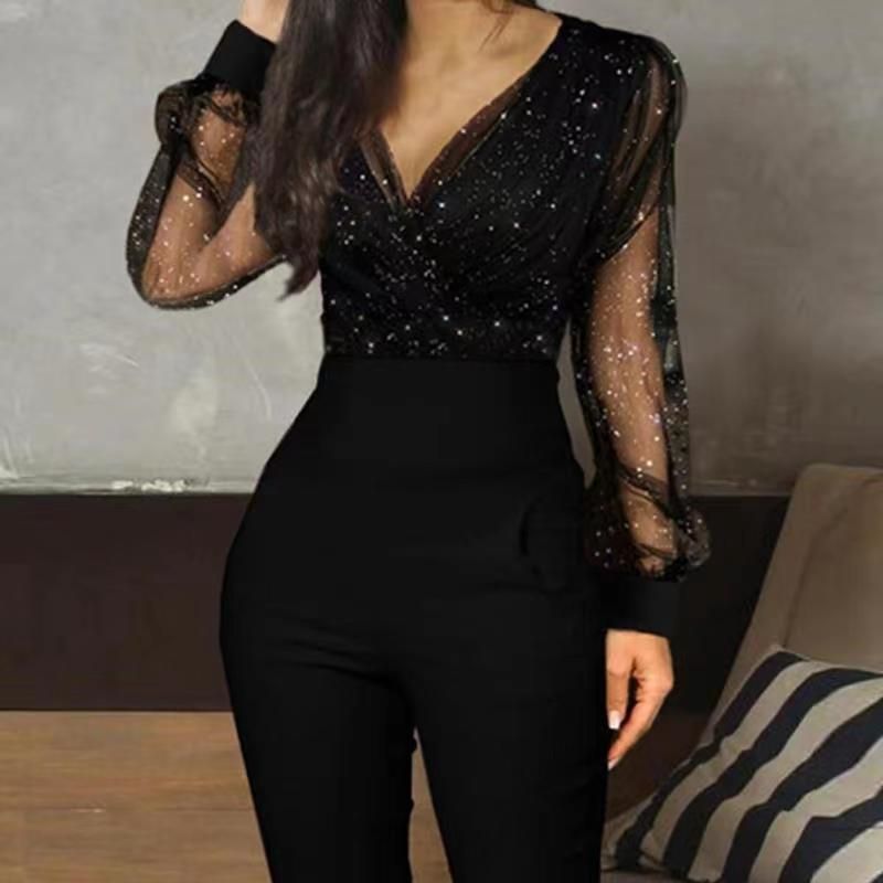 Women's Clothing new solid color V neck mesh slim long sleeved jumpsuit trousers large stock_autovado.com