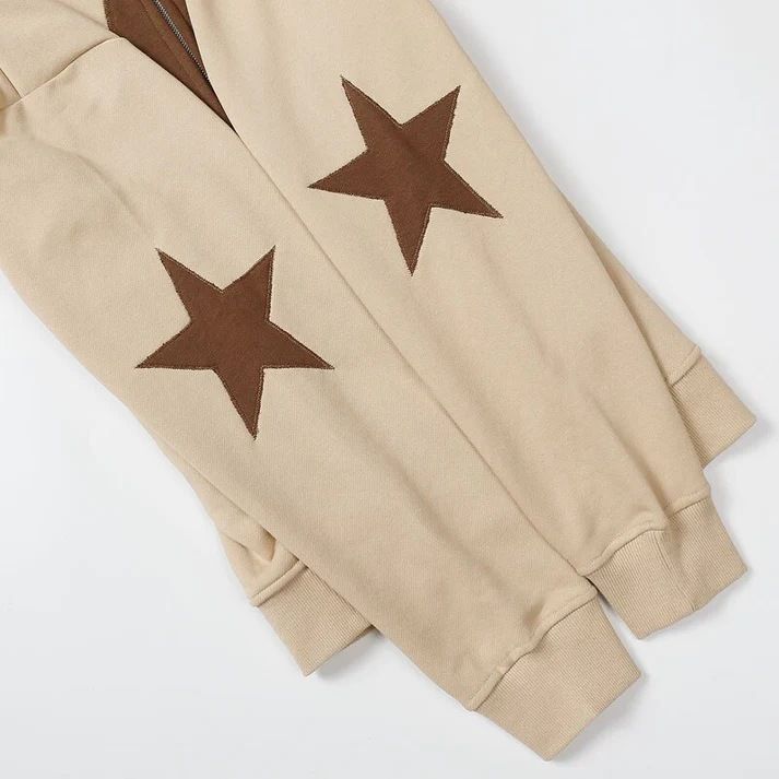 Street oversized loose fitting women's pentagonal star patch embroidered printed hoodie personality zipper sweater men's_autovado.com