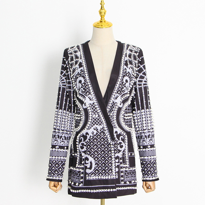 Women's autumn fashion V-neck long-sleeved thickened mid-length suit jacket_autovado.com