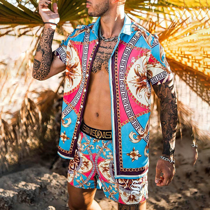Printed short-sleeved shirt and board shorts vacation set_autovado.com
