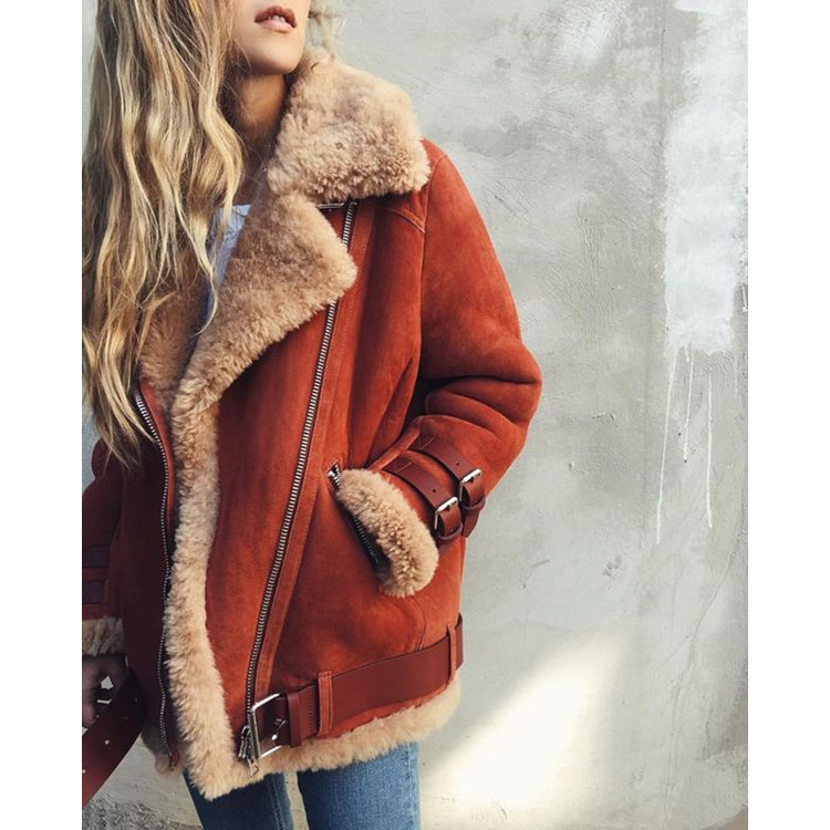 Women's Clothing popular motorcycle deerskin velvet lambswool coat women's lapel fur cotton coat 0055_autovado.com
