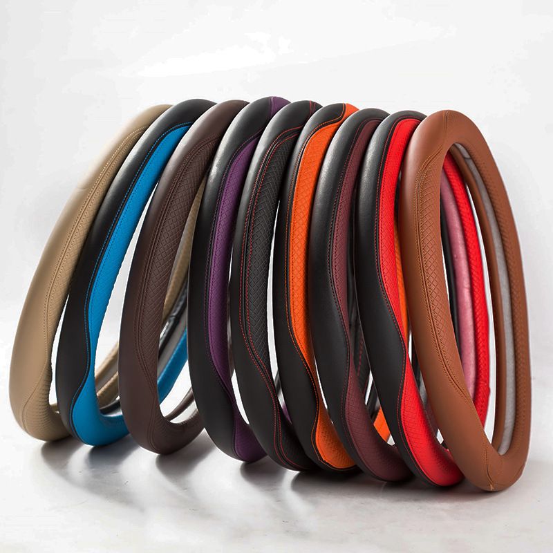 Double Needle Leather Steering Wheel With Two Color Splicing Circular Car Cover, Minimalist Sports Windmill Handle Cover_autovado.com